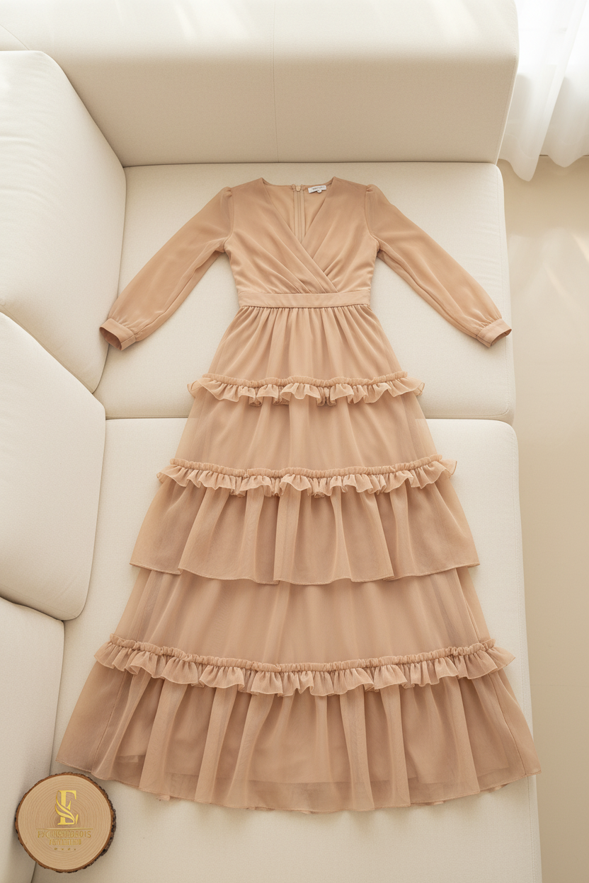 Vestido Nude Champagne Escote V Wrap Manga Larga Volantes Cascada cod.826