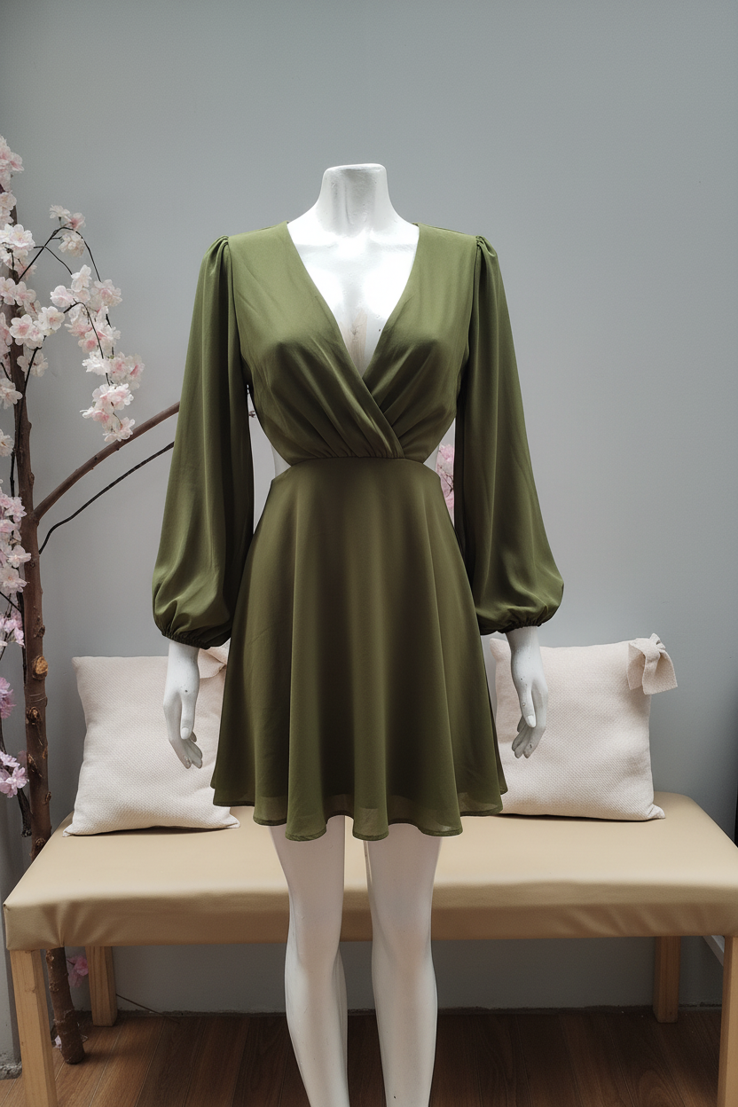 Vestido Verde Oliva Escote V Mangas Globo cod.V314