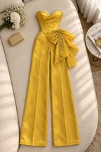 Conjunto Amarillo Dorado Blusa Corset Strapless Lazo Tul Perlas + Pantalón Recto cod.CJ004