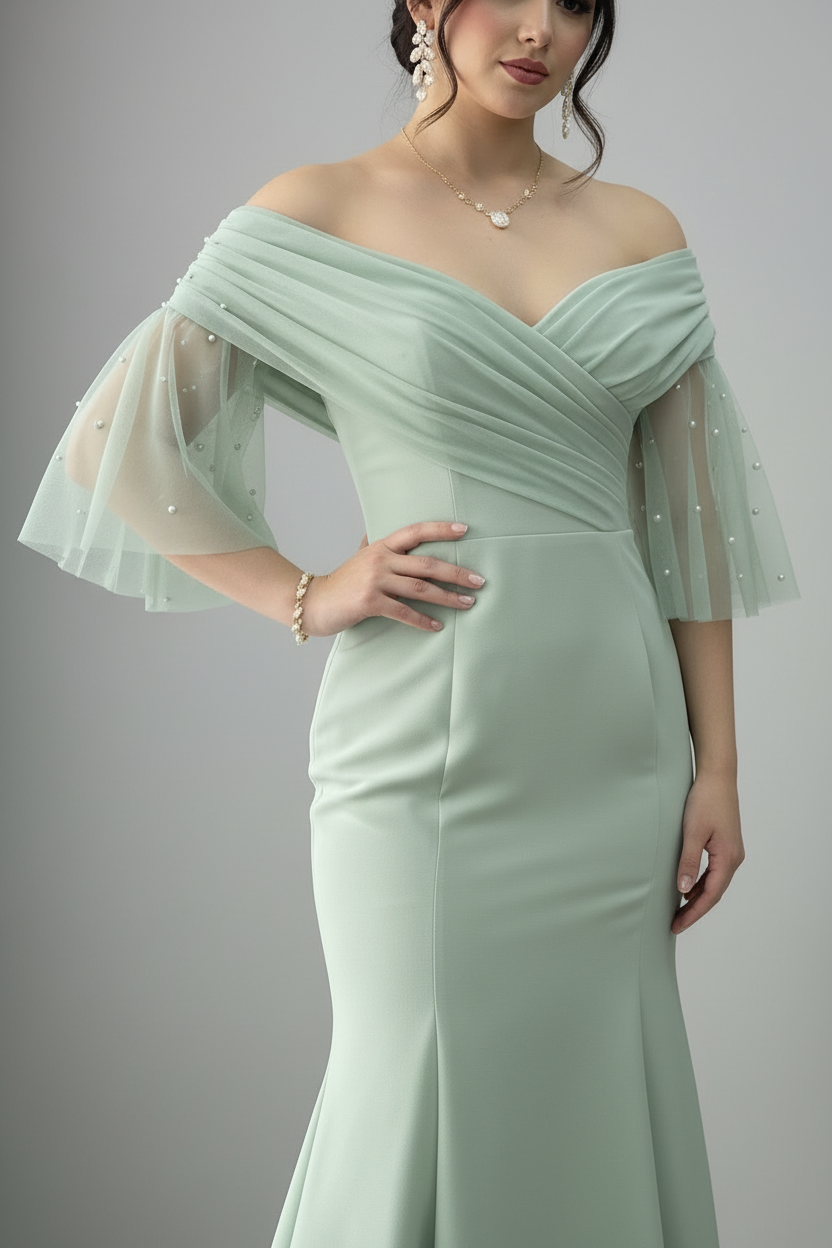 Vestido Sirena Verde Menta Sage Off-Shoulder Manga Tul Perlas Escote Corazón cod.836