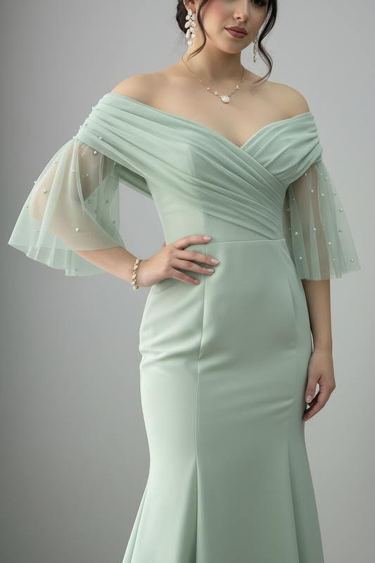 Vestido Sirena Verde Menta Sage Off-Shoulder Manga Tul Perlas Escote Corazón cod.836