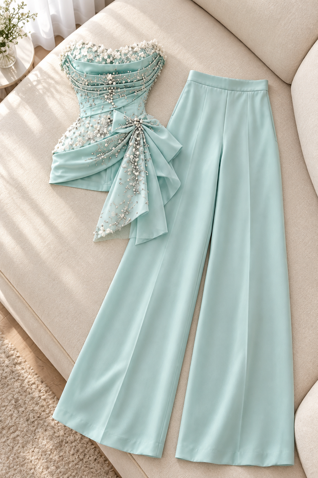 Conjunto verde agua corsé con perlas y pantalón palazzo cod. CJ008