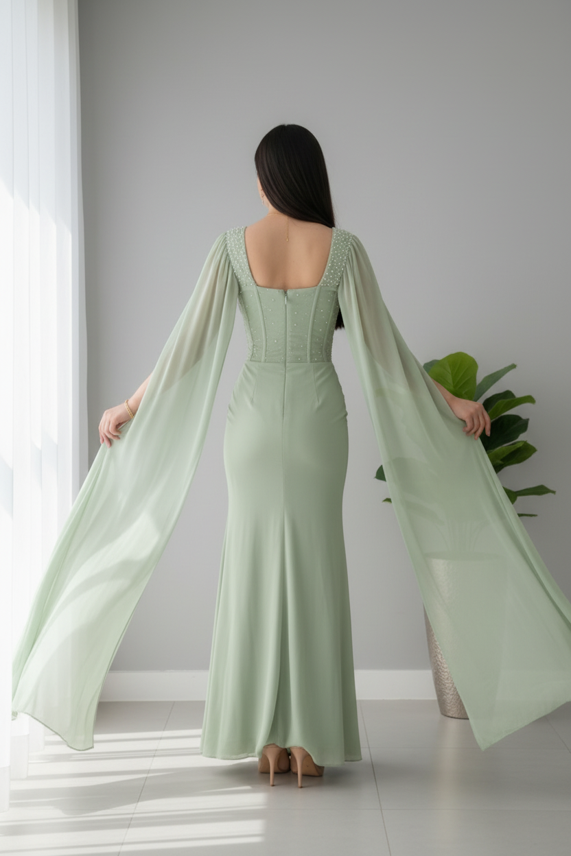 Vestido Verde Salvia — Drapeado Cruzado con Capa y Abertura cod.V624