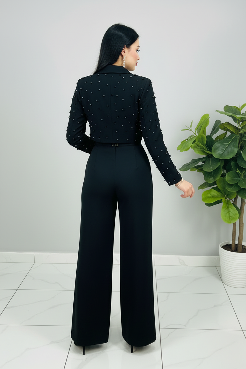 Conjunto Negro Blazer Corto con Perlas y Pantalón Palazzo cod.643
