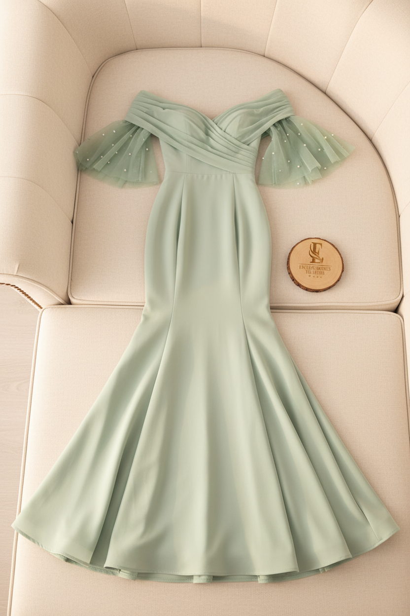 Vestido Sirena Verde Menta Sage Off-Shoulder Manga Tul Perlas Escote Corazón cod.836