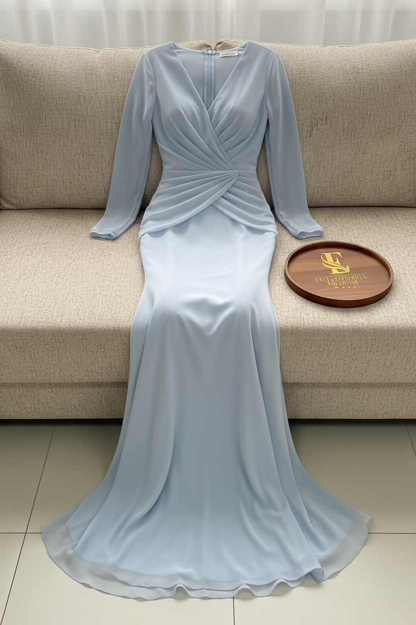 Vestido Azul Acero Manga Larga Sirena con Escote V cod.960