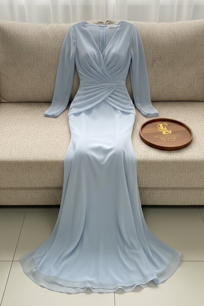 Vestido Azul Acero Manga Larga Sirena con Escote V cod.960