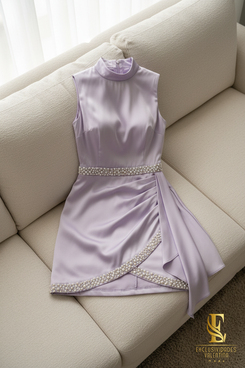 Vestido Lila Pastel Perlas Drapeado cod.V747
