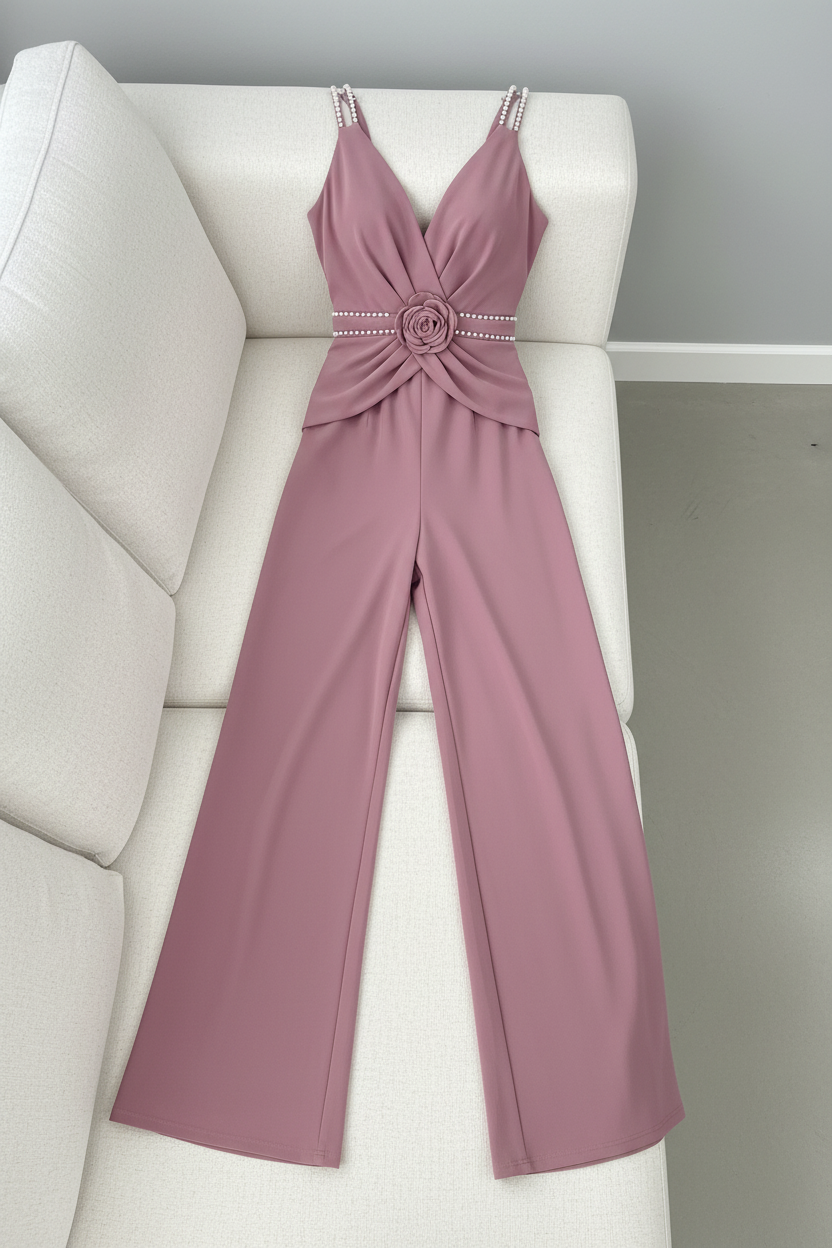 Enterizo Rosa Palo — Escote V con Tirantes de Perlas y Rosa D cod.E625