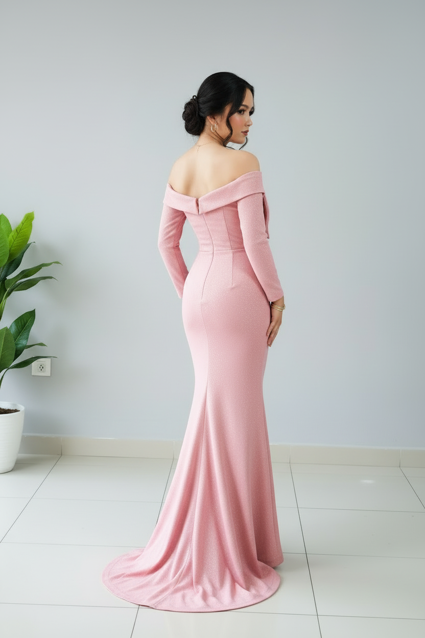 Vestido Formal Rosa Off-Shoulder Manga Larga con Lazo y Cola Sirena cod.510