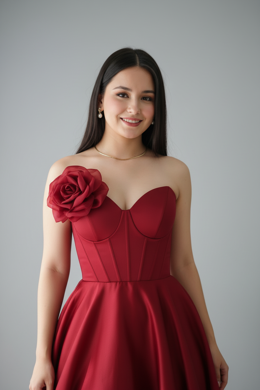 Vestido Rojo Vino Off-Shoulder Corsé con Rosa 3D y Falda Ball Gown cod.980