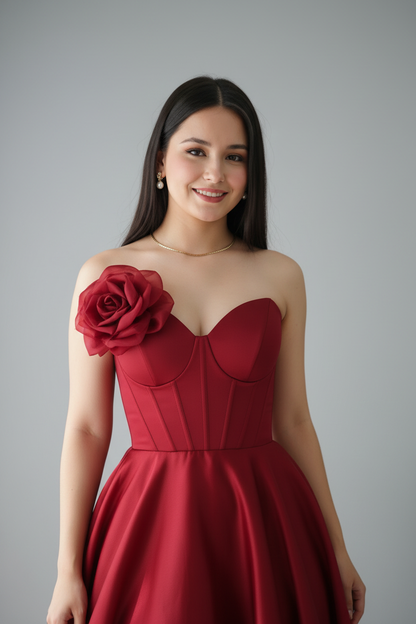 Vestido Rojo Vino Off-Shoulder Corsé con Rosa 3D y Falda Ball Gown cod.980