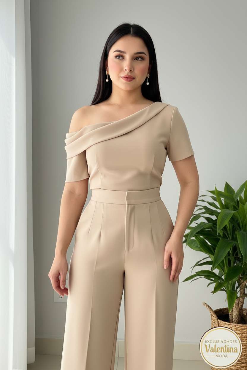 Conjunto 2 Piezas Beige Champagne Top One-Shoulder Drapeado y Palazzo cod.00142