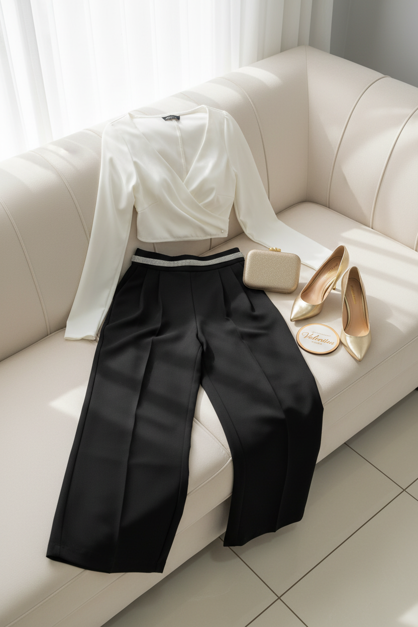Pantalón Palazzo Negro Tiro Alto con Cinturón Plateado cod.00134