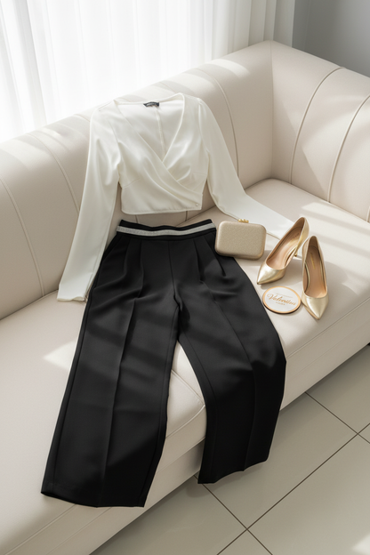 Pantalón Palazzo Negro Tiro Alto con Cinturón Plateado cod.00134