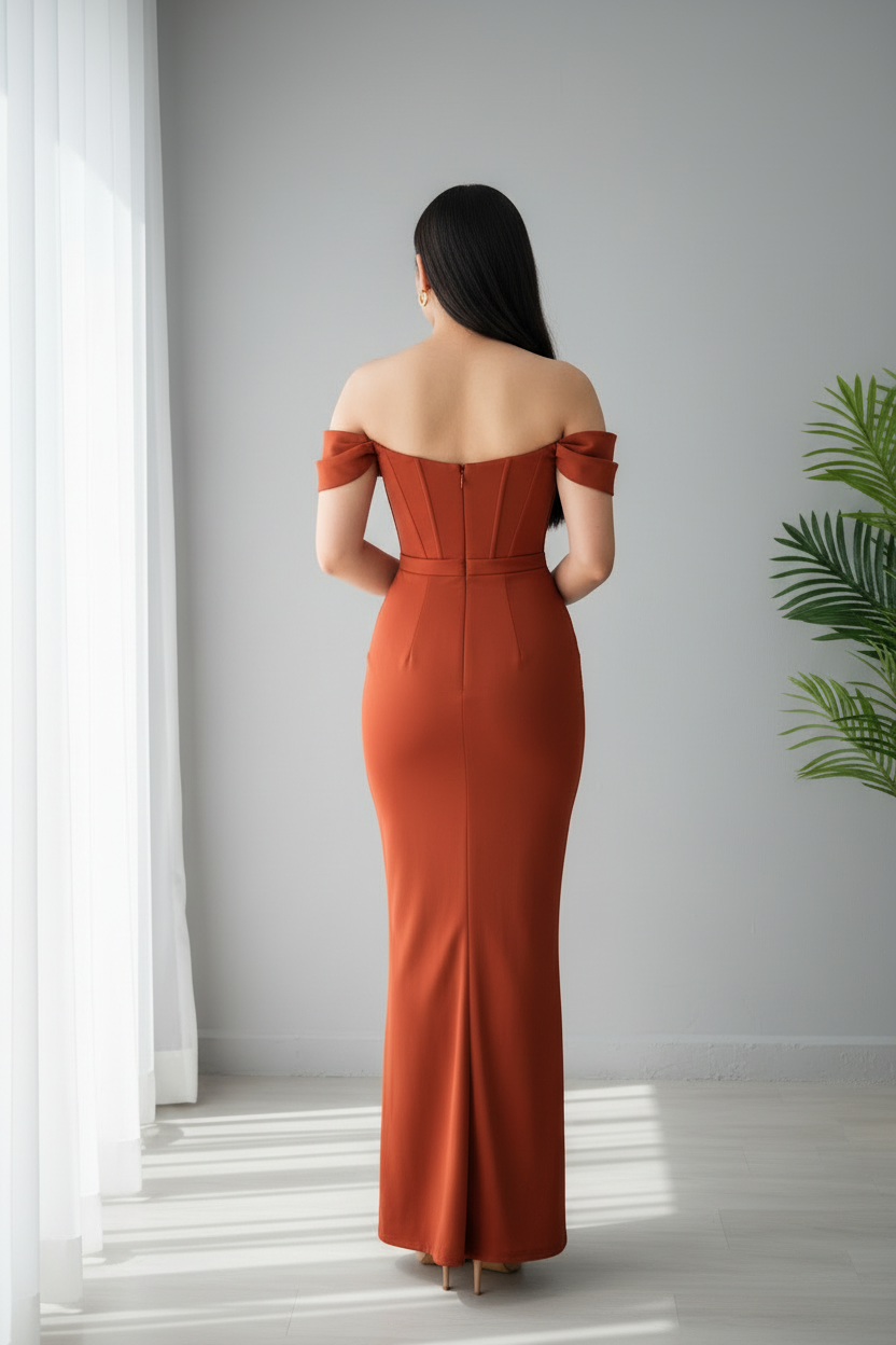 Vestido Terracota Off-Shoulder Corset Rosa 3D y Falda Sirena Drapeada cod.766