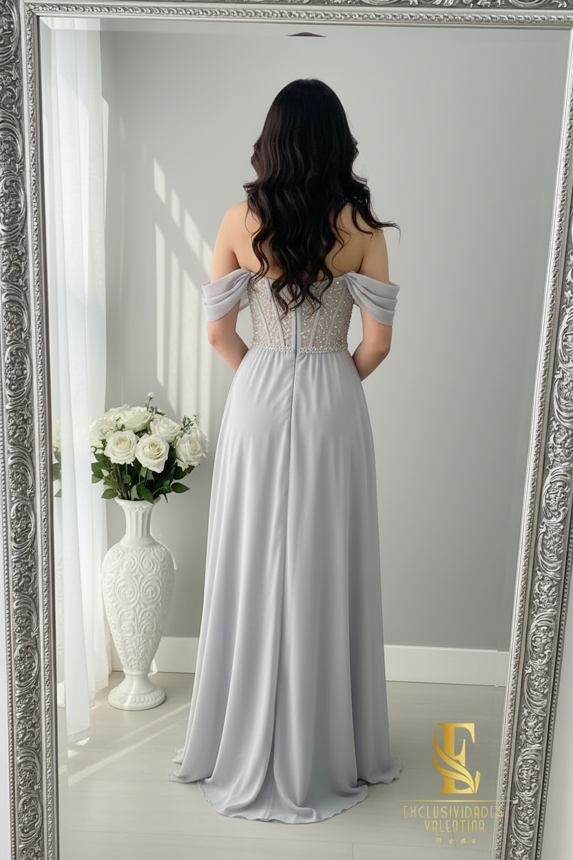Gown Plata Corset Cristales cod.V736