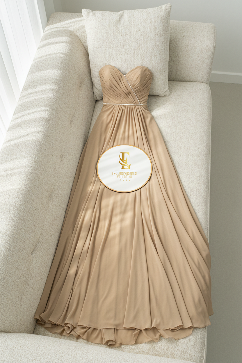 Vestido Champagne Chifón Strapless con Cinto de Perlas cod.0066