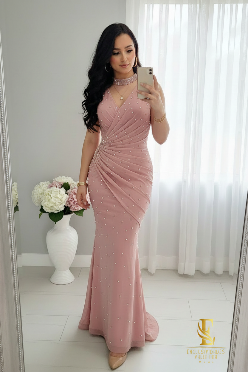Gown Rosa Perlas Sirena cod.V738