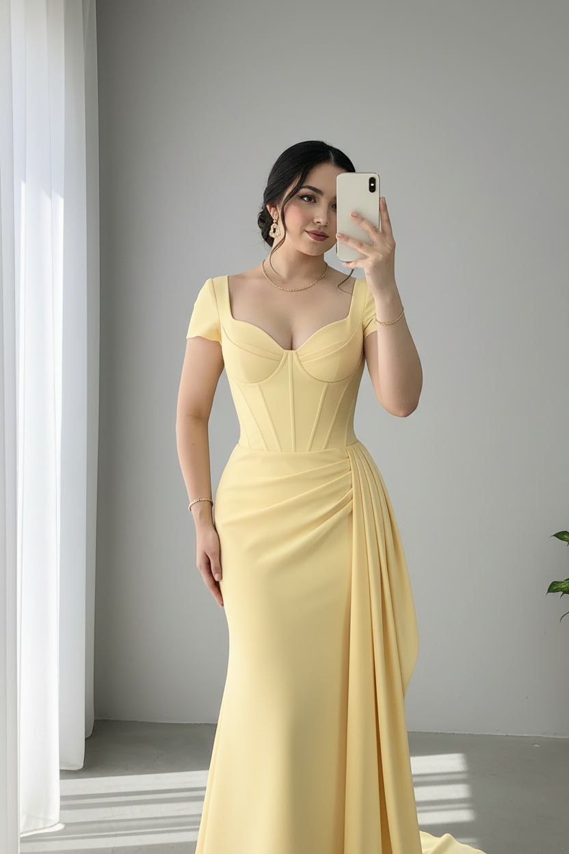 Vestido Sirena Amarillo Pastel — Corset Ballenas, Escote Corazón & Drapeado Lateral cod.884