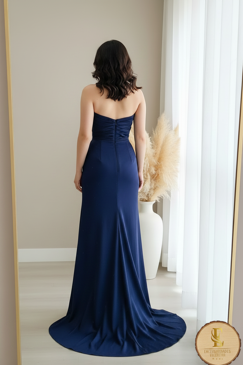 Vestido Azul Marino Strapless Drapeado Abertura Lateral Cola Satín cod.00111