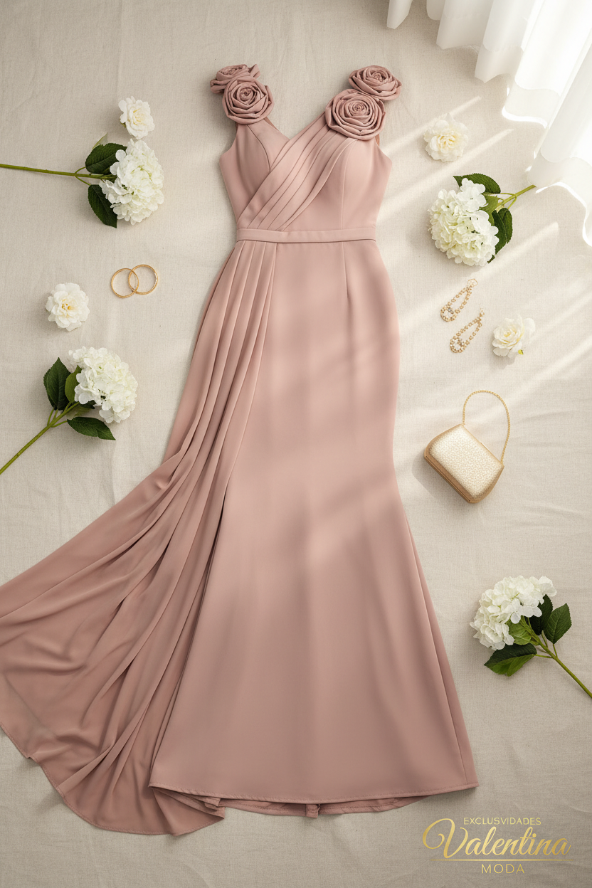 Vestido Rosa Palo Sirena Rosas 3D Hombros y Cola Lateral — Gala y Eventos de Lujo cod.0071