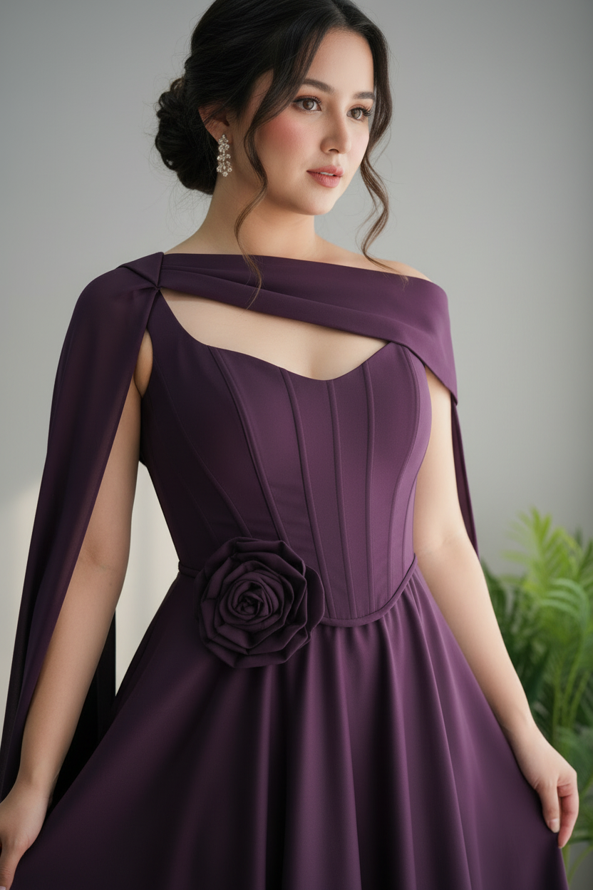 Vestido Morado Ciruela Falda Amplia con Capa cod.715