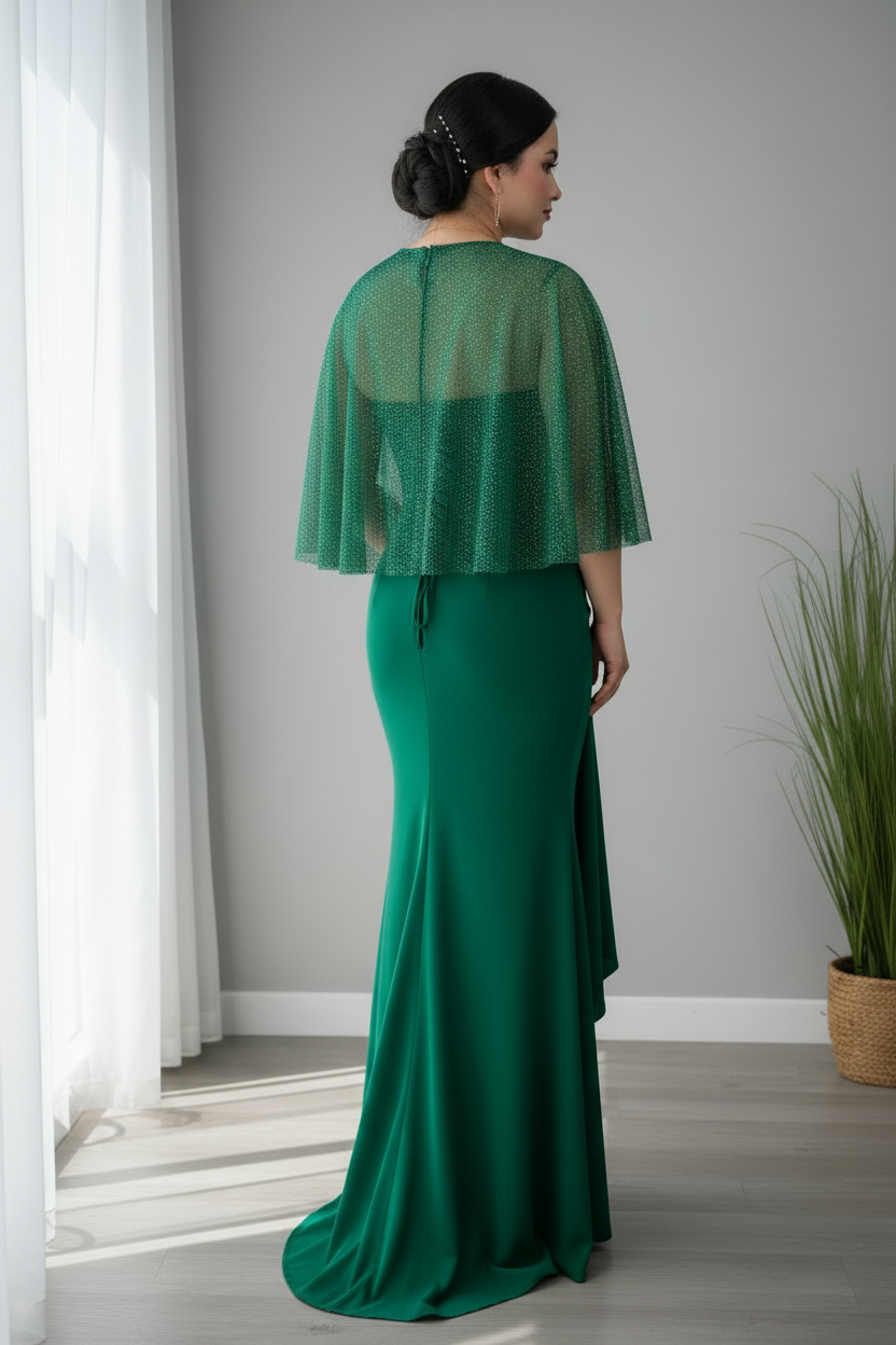 Vestido Verde Esmeralda Sirena con Bolero Tul y Rosas D cod.719