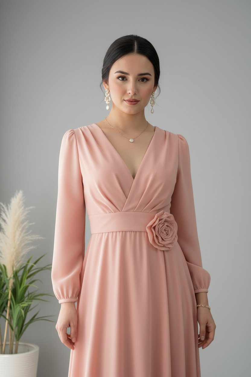Vestido Rosa Palo — Escote V, Rosa 3D & Falda Maxi cod.865