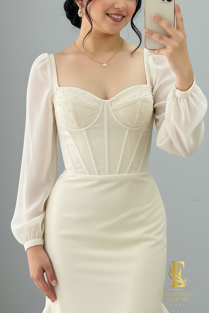 Vestido Ivory Corset Manga Chifón Sirena con Volantes cod.V289