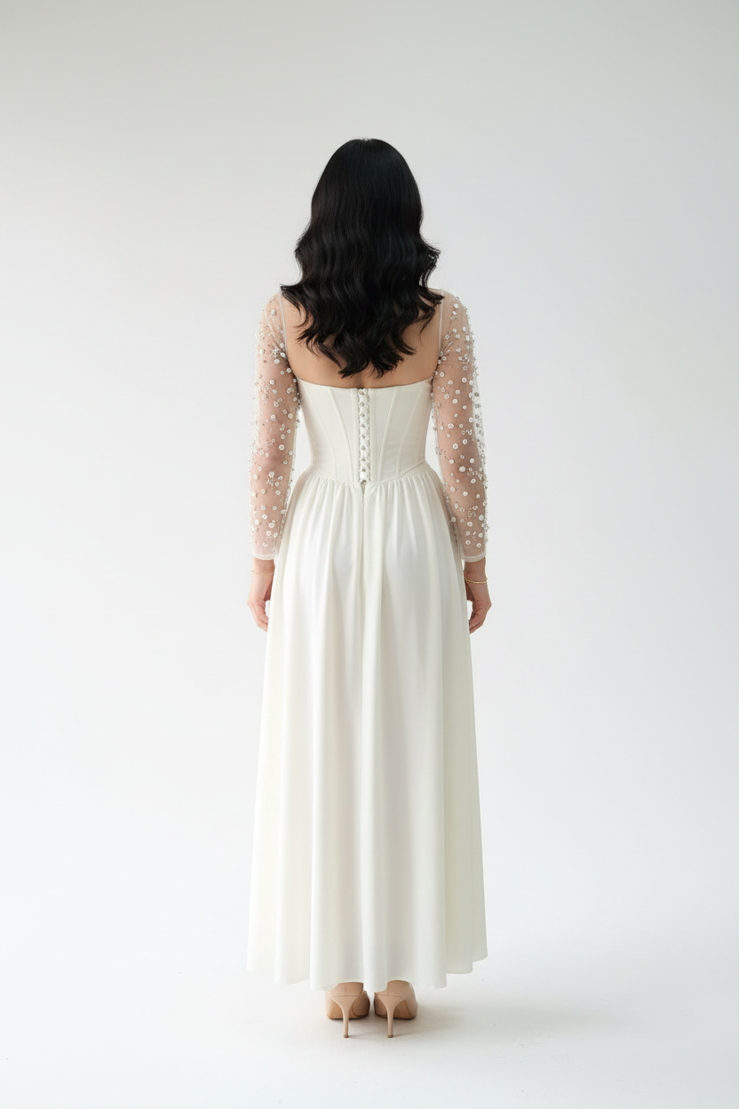Vestido Formal Blanco Corset con Mangas de Tul y Perlas cod.499