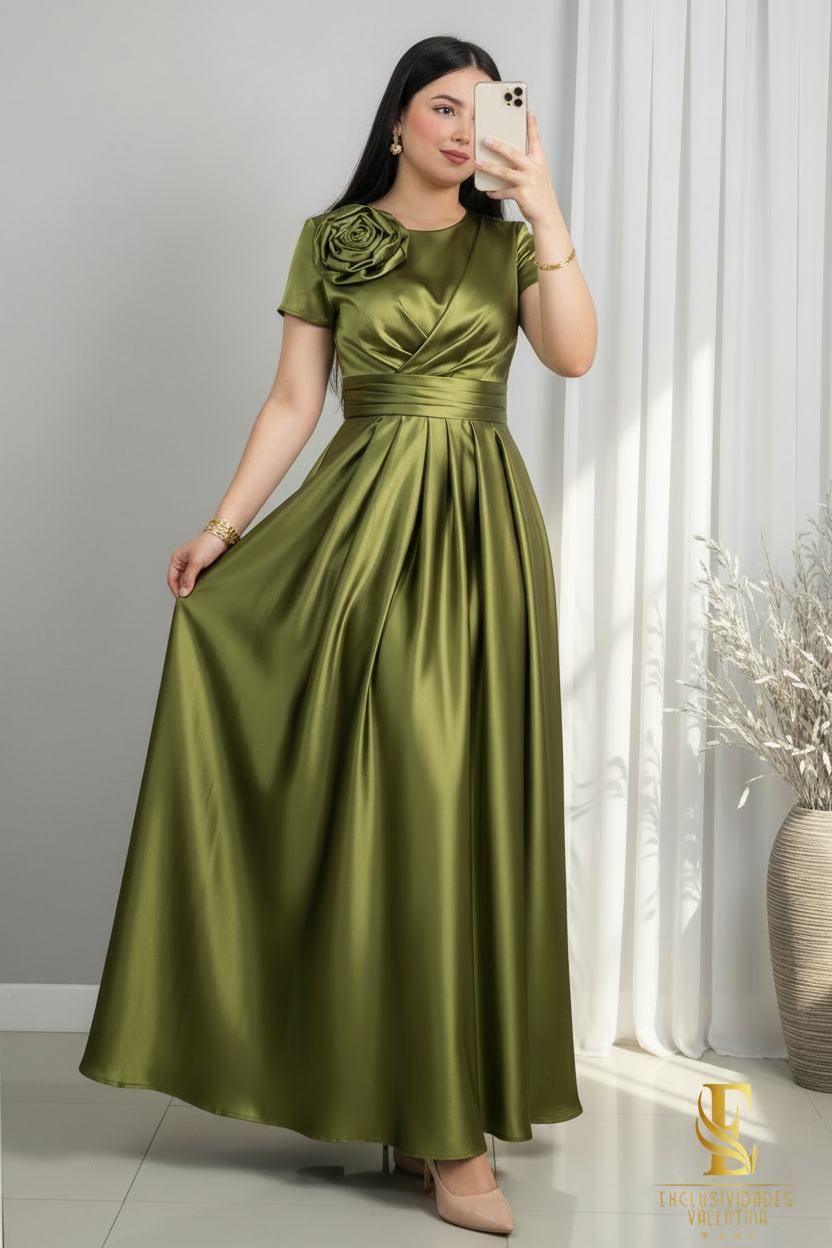Vestido Satinado Verde Olivo con Rosa