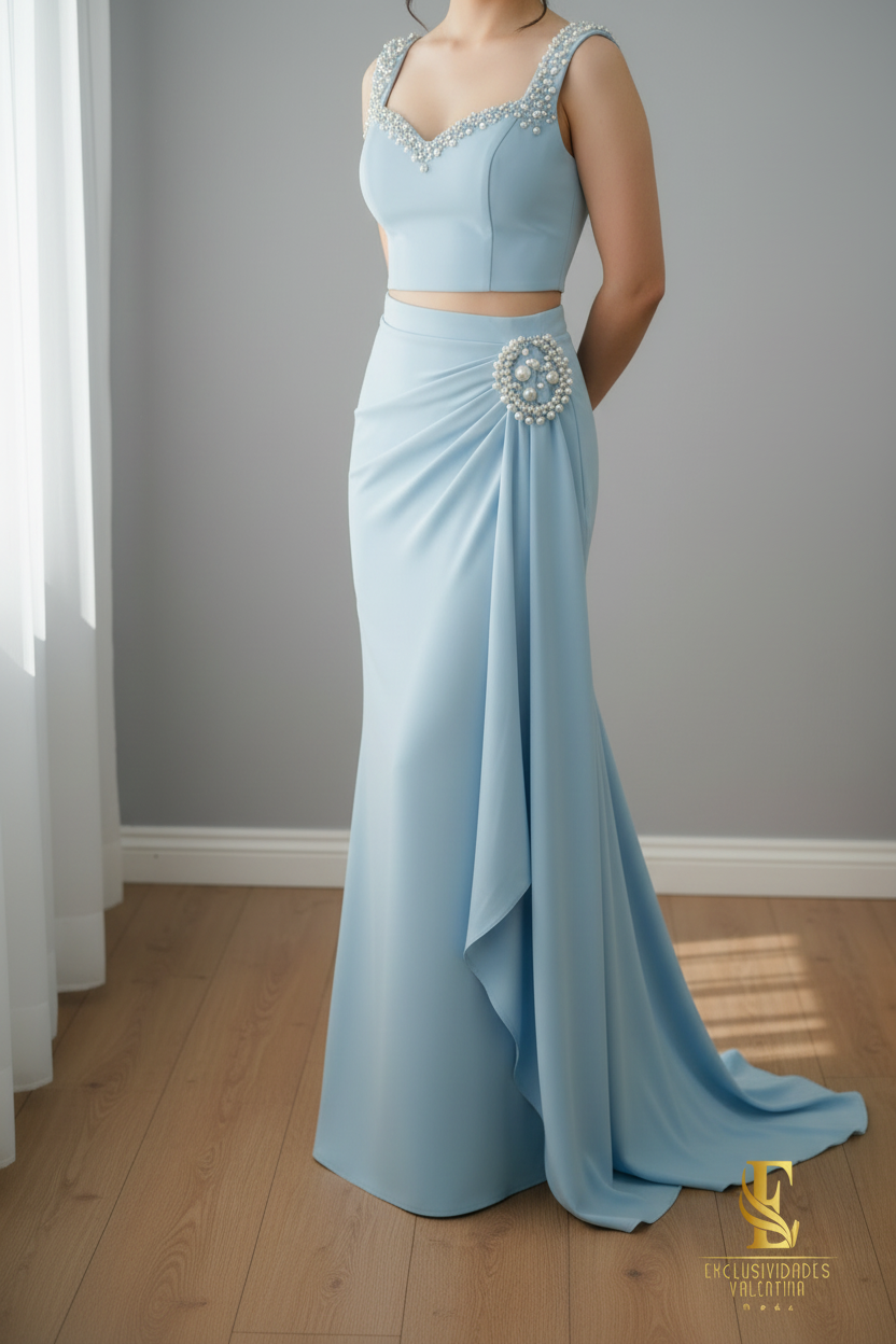 Conjunto Dos Piezas Azul Cielo con Perlas cod. C235