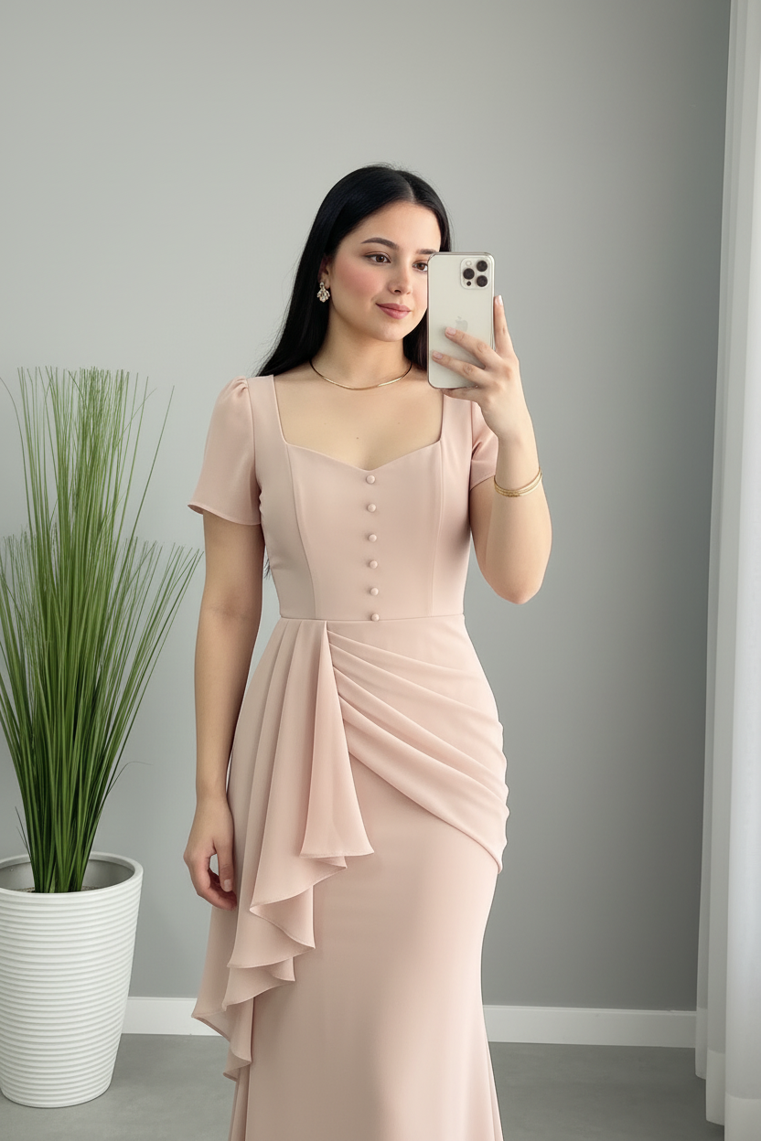 Vestido Blush Rosa Sirena con Botones y Volante Lateral cod.957