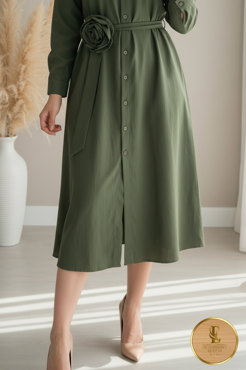 Vestido Camisero Verde Olivo Rosa D cod.0086