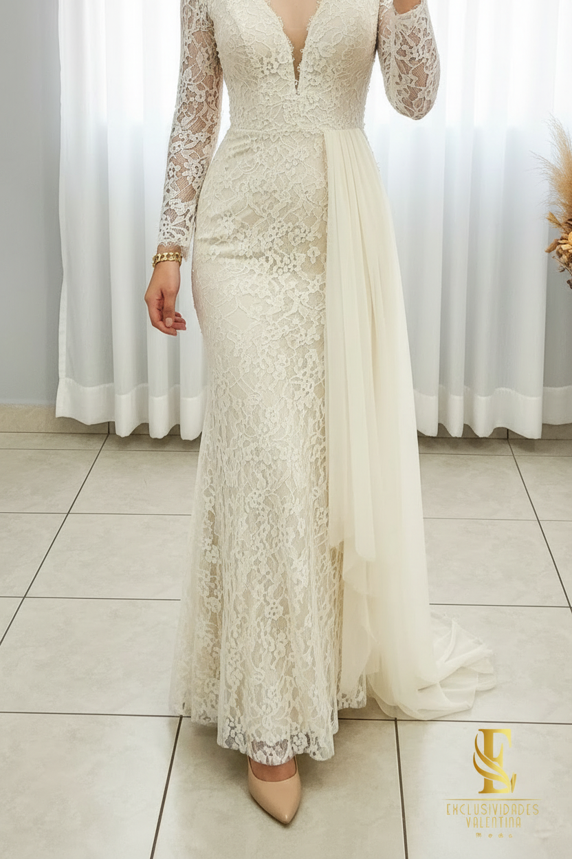 Vestido Ivory Encaje Floral Manga Larga con Tul Drapeado cod.V285