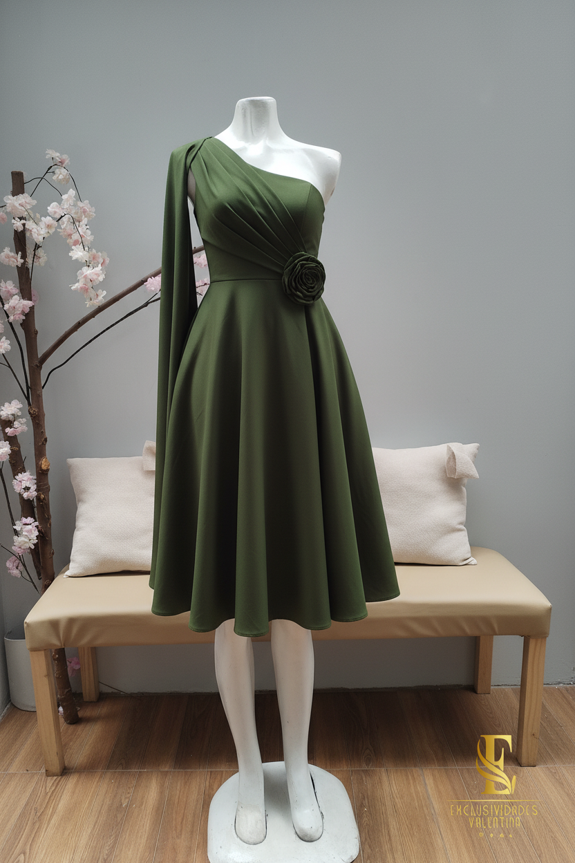 Vestido Verde Olivo Un Hombro Rosa cod.V328