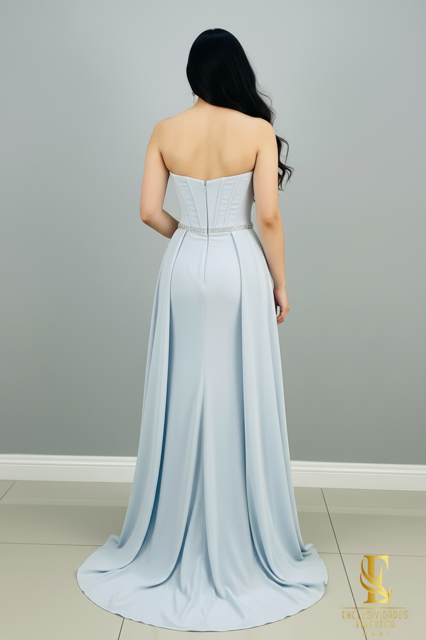 Vestido Azul Cielo Strapless con Cristales y Falda Doble cod.0064