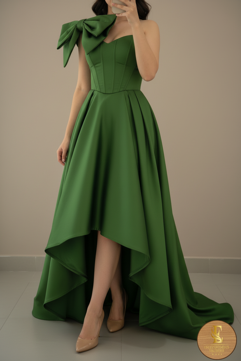 Vestido Verde Esmeralda Satén Moño Corsé High-Low cod.0097