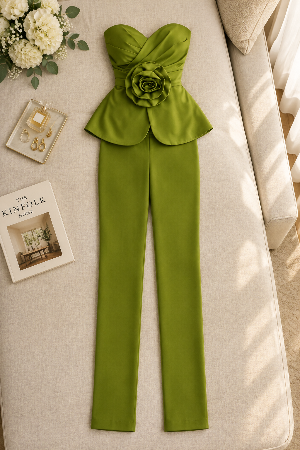 Conjunto Verde Oliva Strapless Flor 3D + Pantalón Recto cod.CJ005