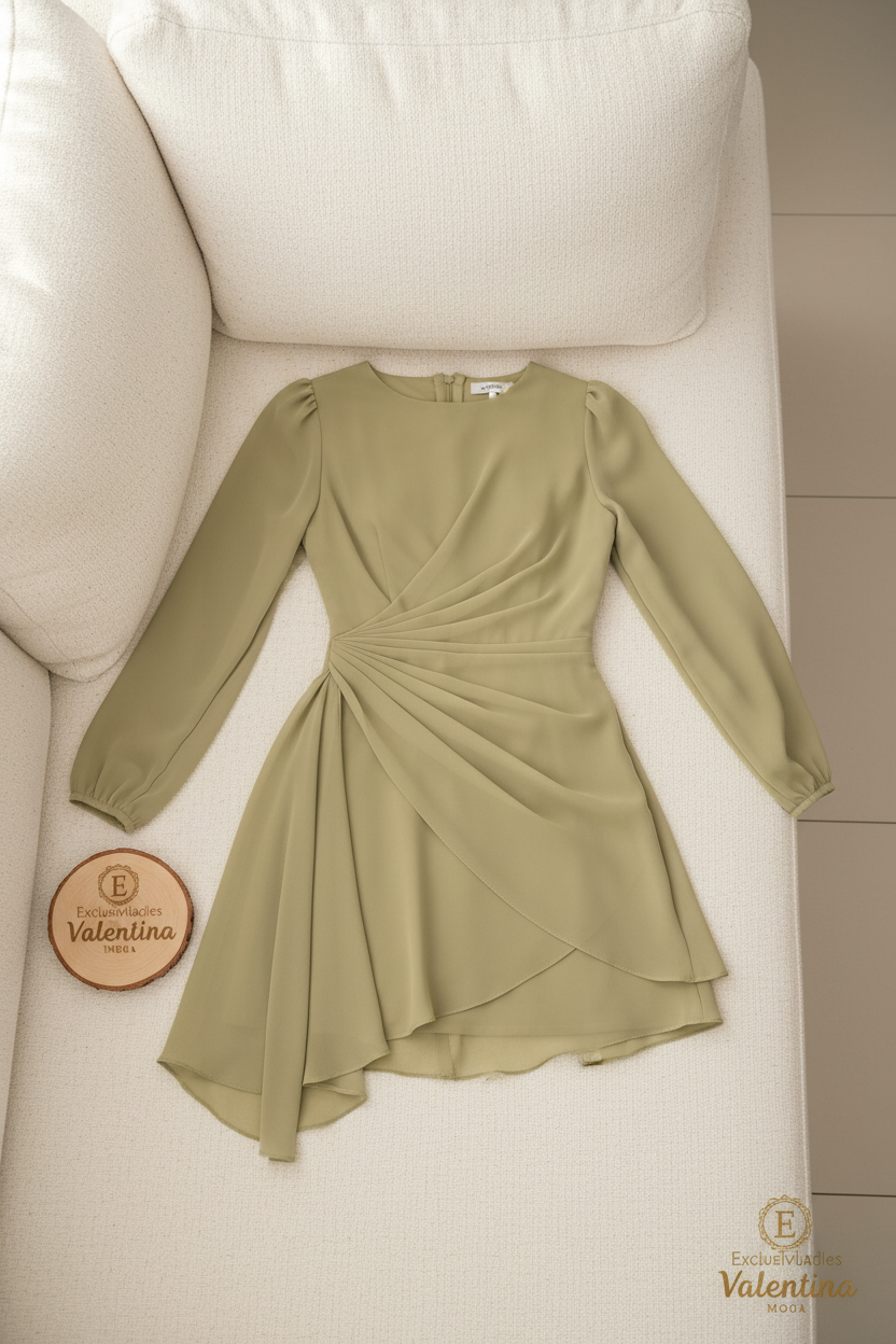 Vestido Verde Oliva Manga Larga Chifón Drapeado Asimétrico cod.935