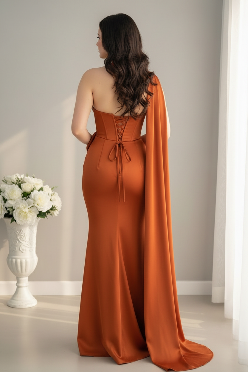 Vestido Largo Terracota Óxido Sirena Cuello Halter Bufanda Corset Rosa 3D y Capa Lateral cod.V969