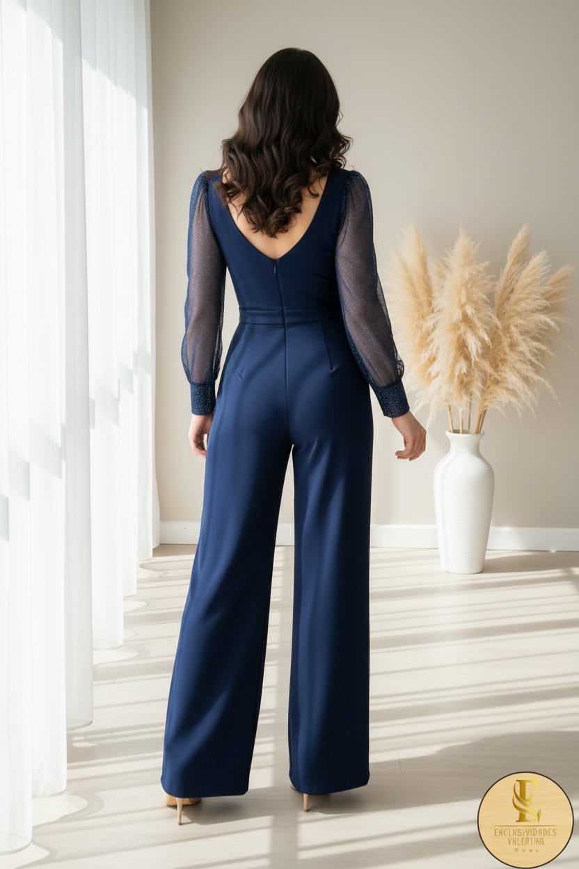Enterizo Azul Marino Palazzo Manga Tul Pedrería Escote Corazón cod. 00107