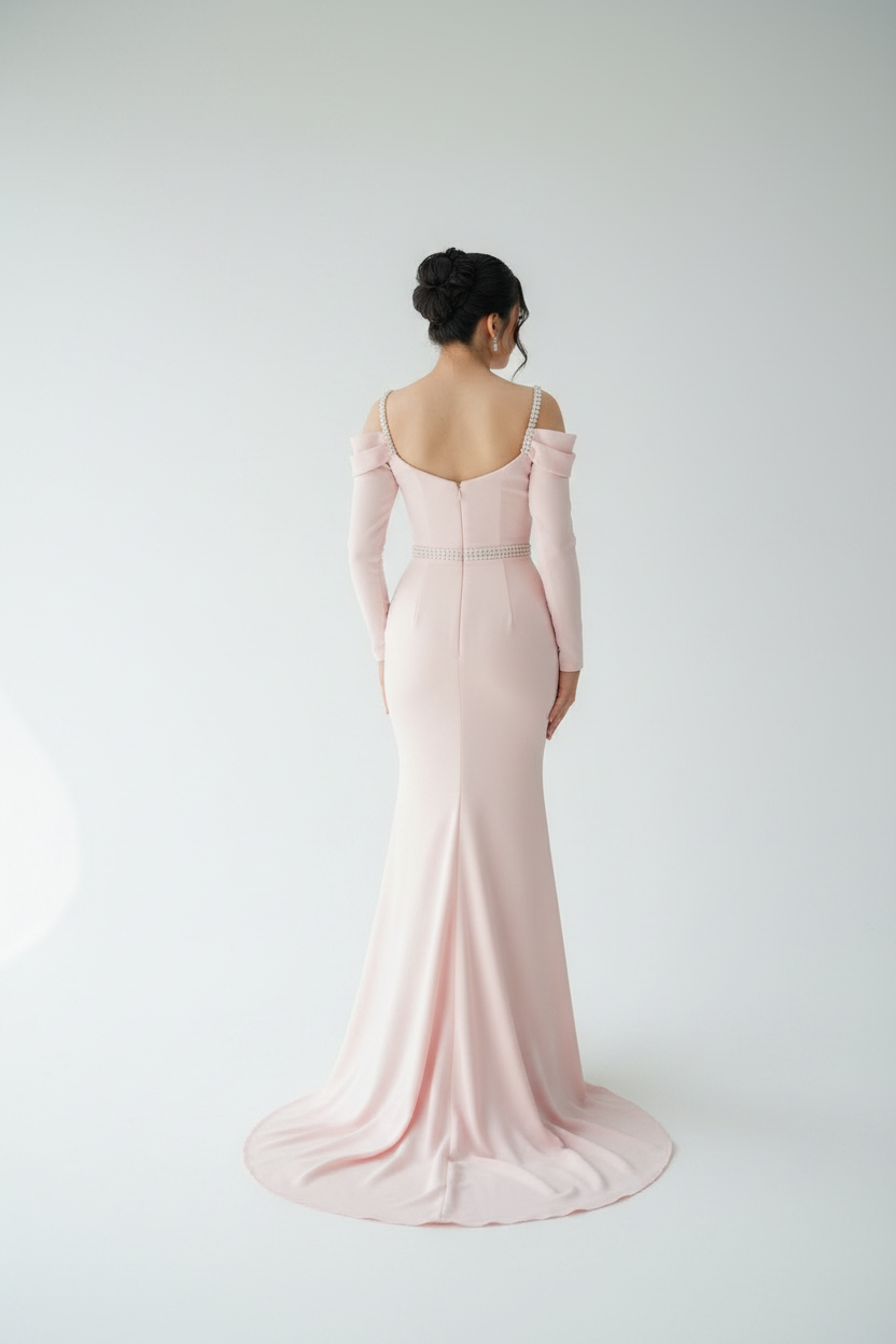 Vestido Rosa Palo Sirena Drapeado Strass cod.V240