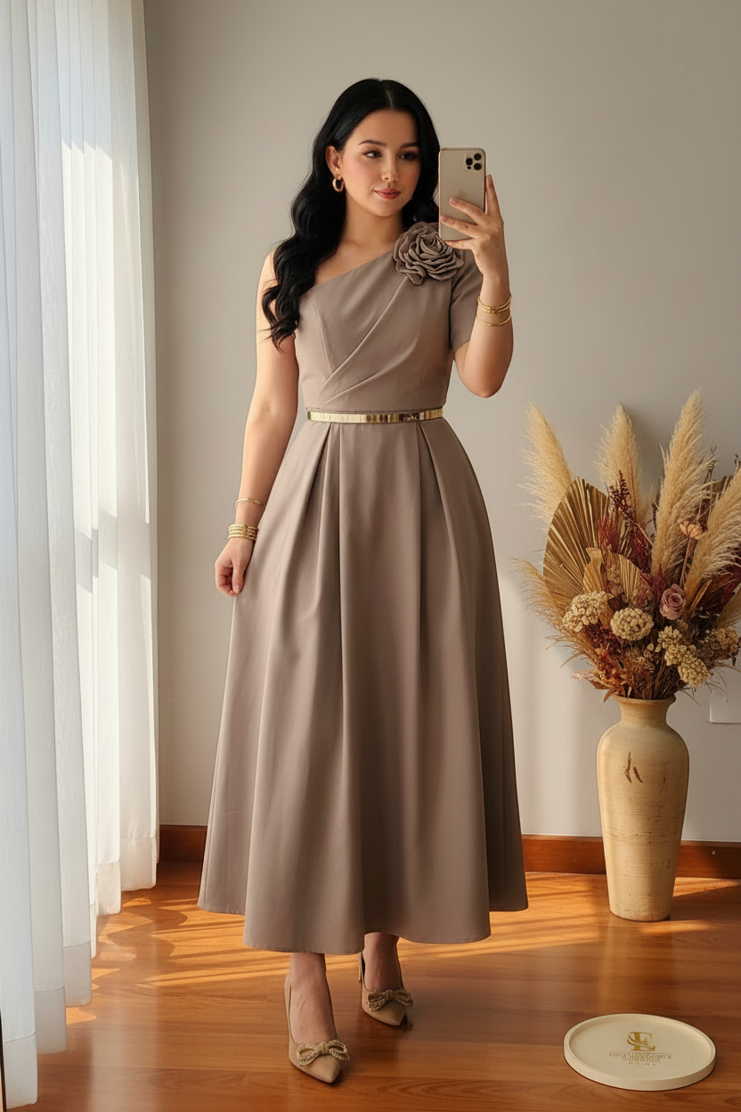 Vestido Taupe Asimétrico Rosa  3D cod.00163