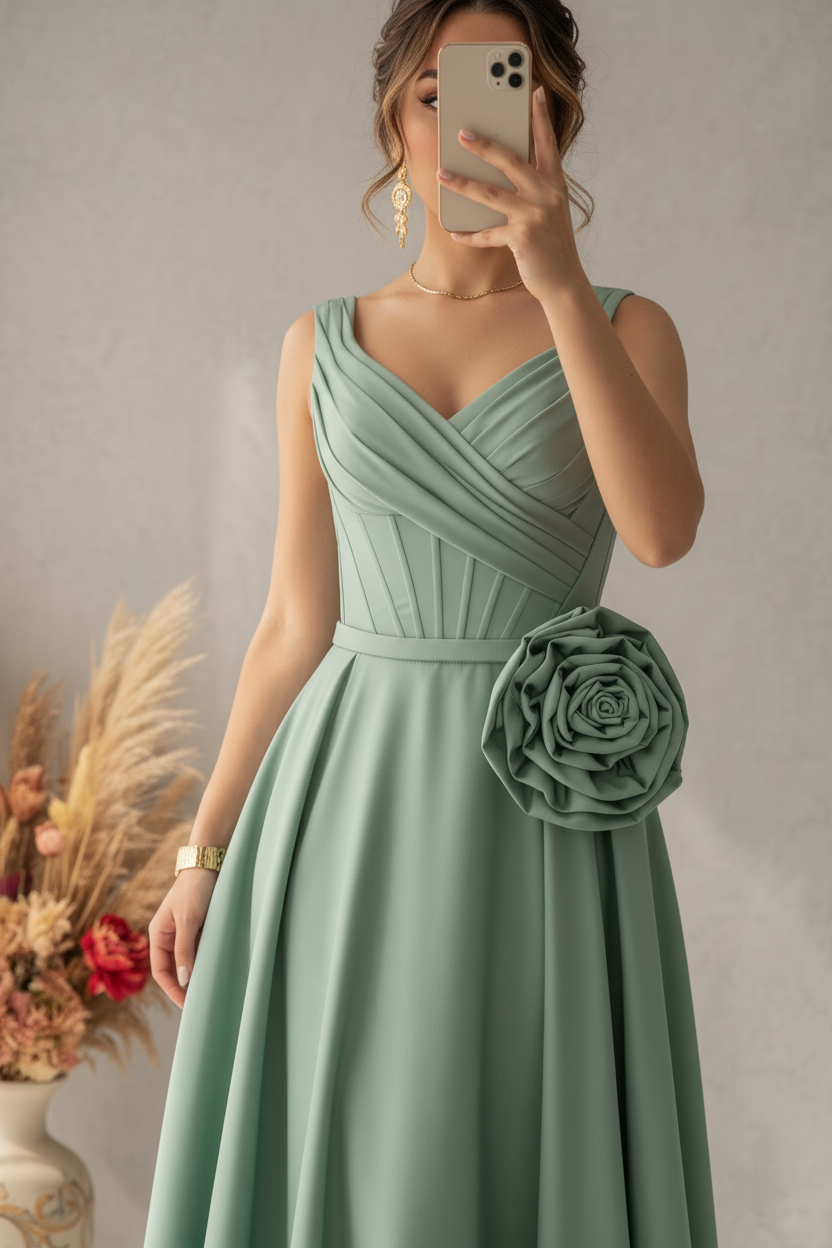 Vestido Verde Sage Gala Escote V Plisado Rosa 3D Falda A-line cod.V588