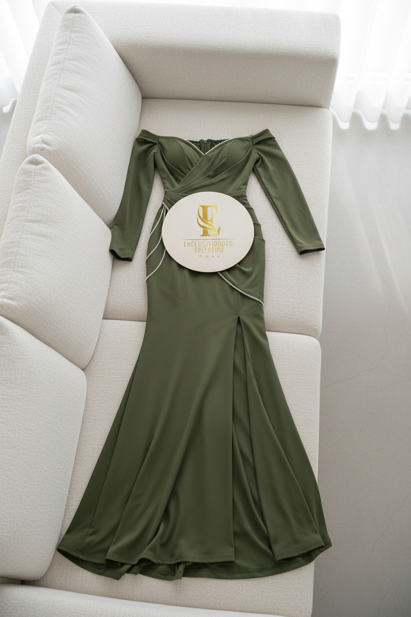 Vestido Verde Olivo Sirena Off-Shoulder Manga Larga con Cadenas de diamantes cod.0071