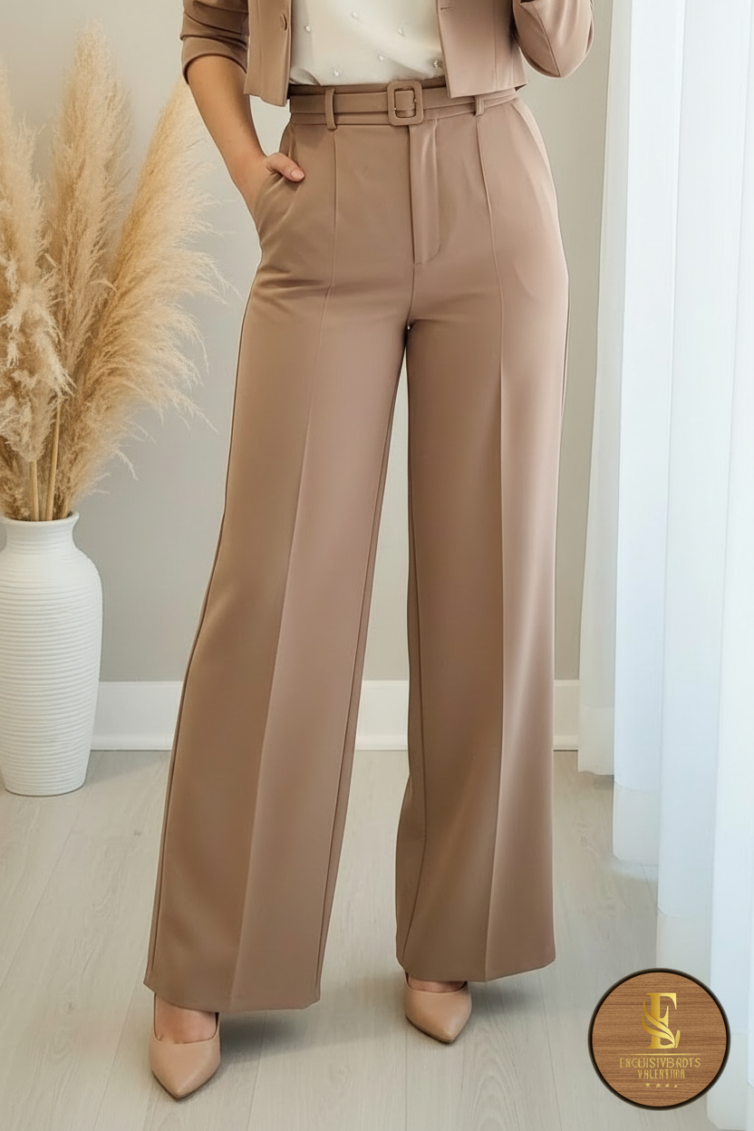 Conjunto Camel Blazer Crop Manga 3/4 Pantalón Palazzo Cinturón cod.0016