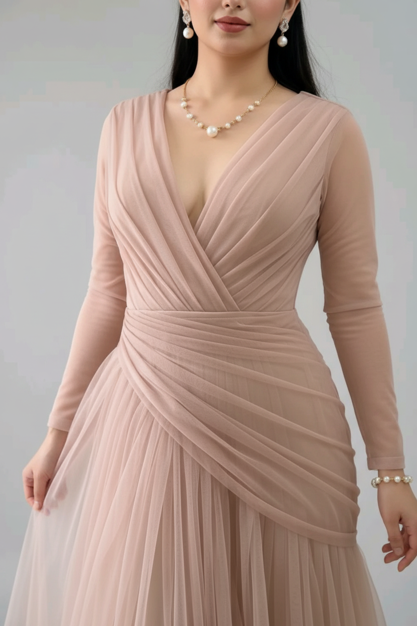 Vestido Rosa Palo Tul Escote V Cruzado cod.V0014