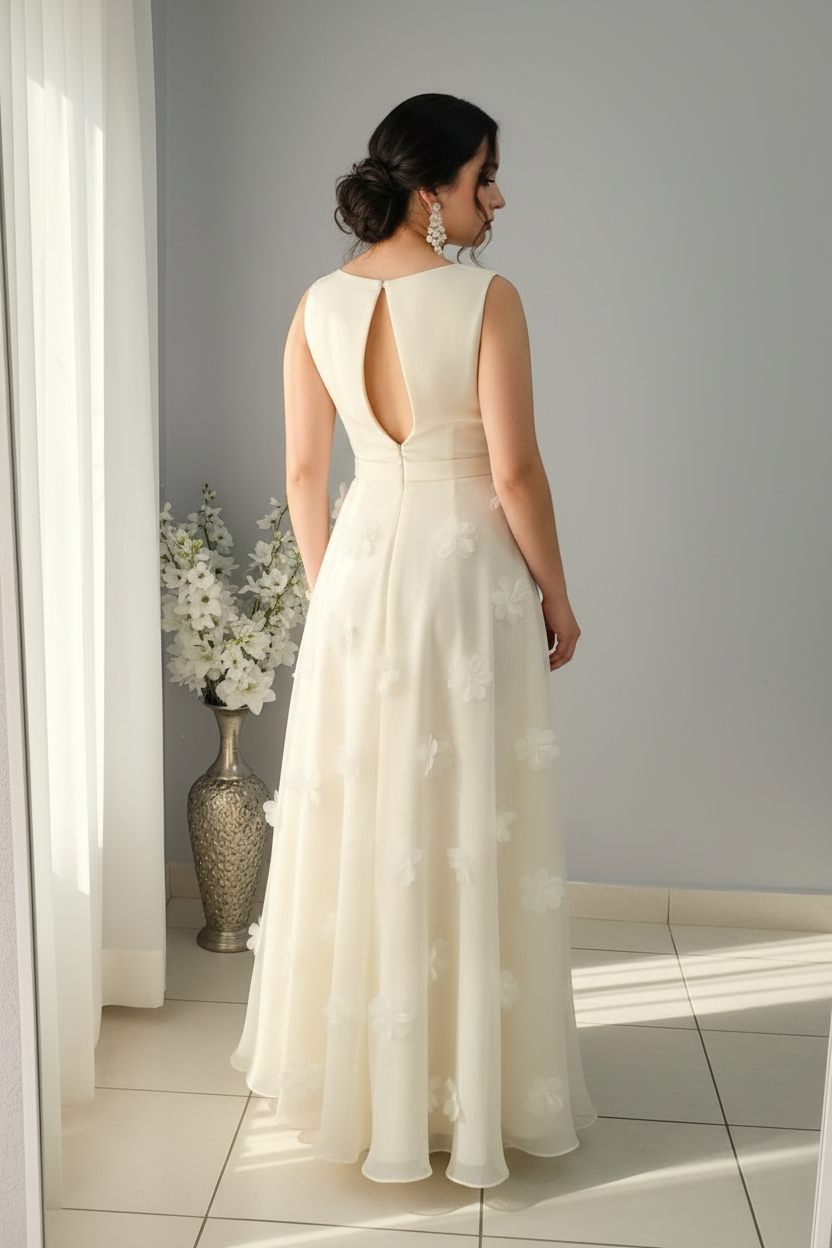 Vestido Ivory A-Line Sin Mangas con Pétalos 3D cod.V548